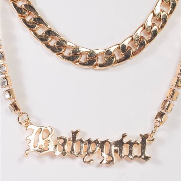 "Babygirl" Gold Chunky & Rhinestone Box Chains Set Necklace - Picture 2 of 2